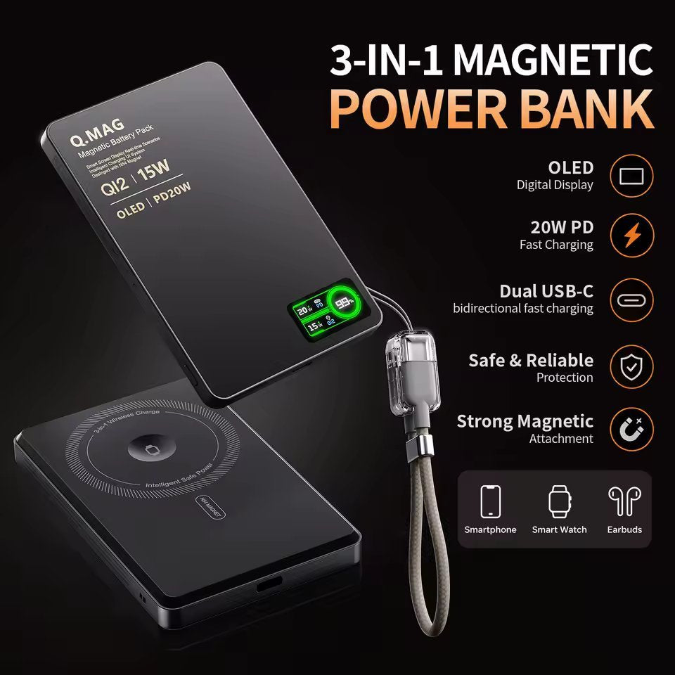 Caelix slim magnetic power bank, product photo — OLED display and Qi2 magnetic charging