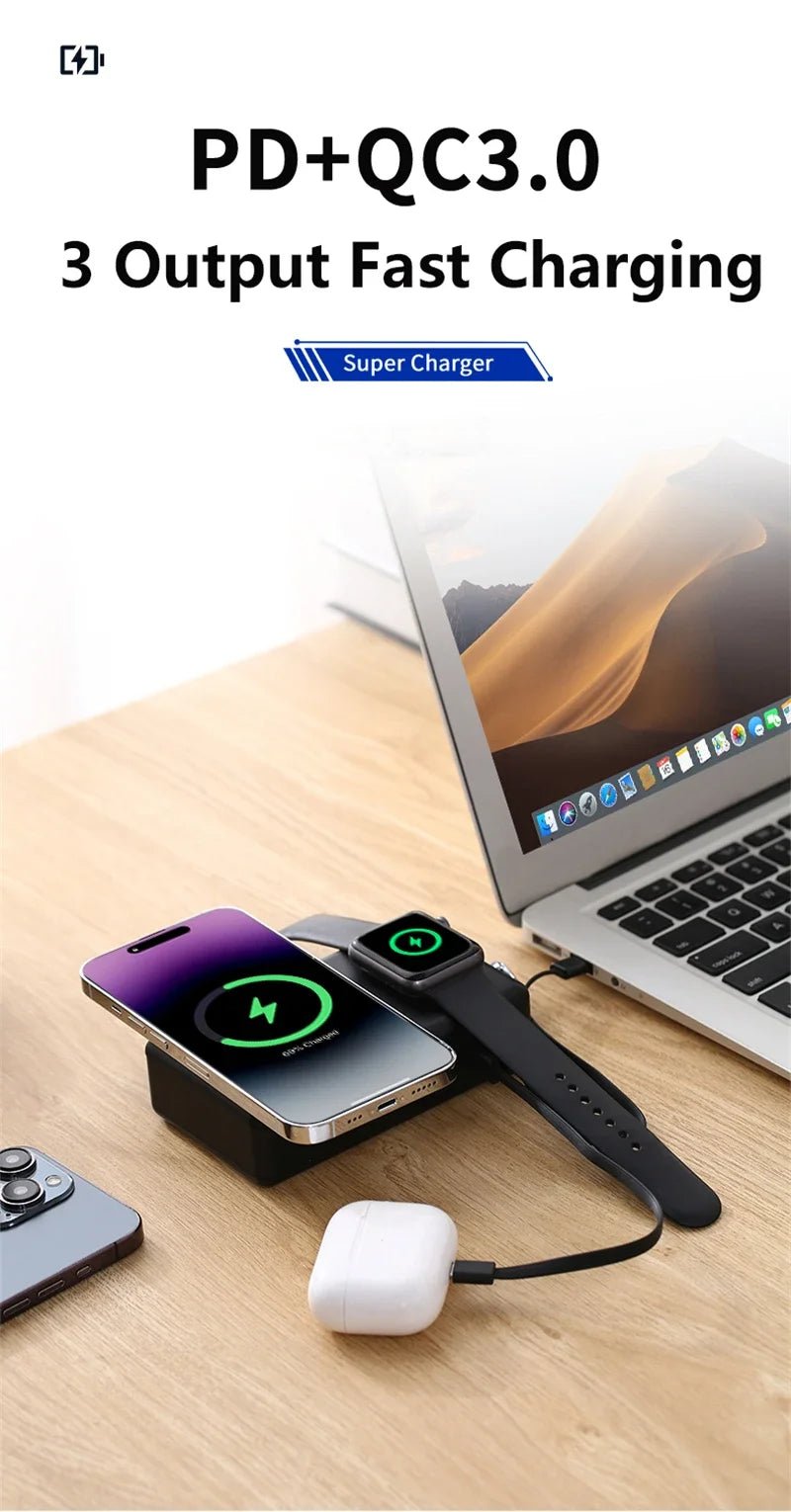 Caelix power bank, alternate angle — interchangeable UK, EU, US and AU plug adapters