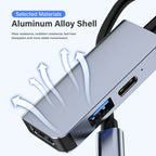 Aluminum alloy USB-C hub showing heat dissipation arrows and multiple ports.