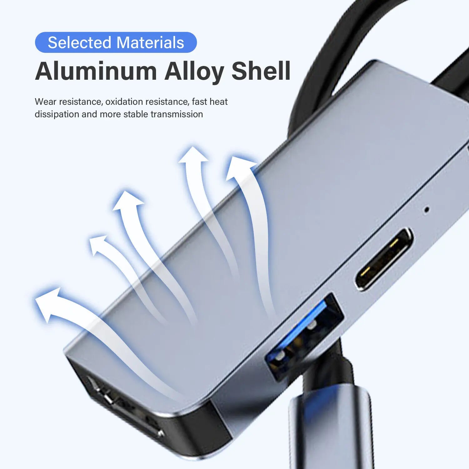 Aluminum alloy USB-C hub showing heat dissipation arrows and multiple ports.