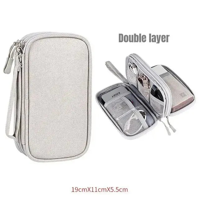 Grey double layer electronic accessory organizer case for cables and gadgets