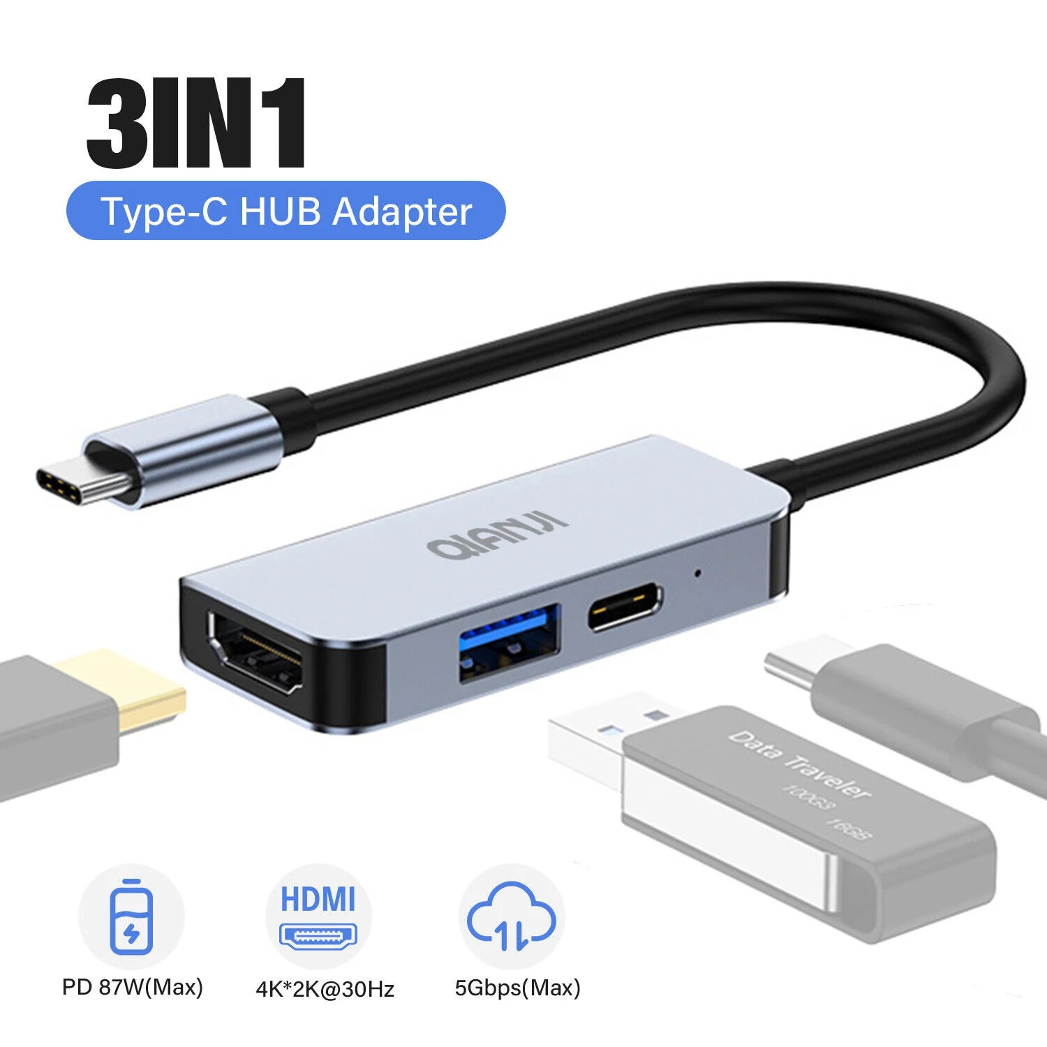 QIANJI 3-in-1 USB-C HUB adapter with HDMI, USB 3.0, and PD charging ports.