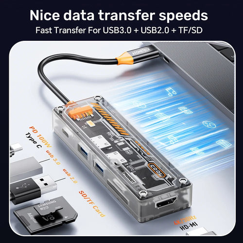 Transparent USB-C hub with PD 100W, USB 3.0, USB 2.0, and SD/TF card slots connected to a laptop.
