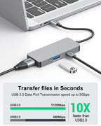 USB-C hub with HDMI and USB 3.0 ports connected to a laptop, showing fast data transfer speeds.