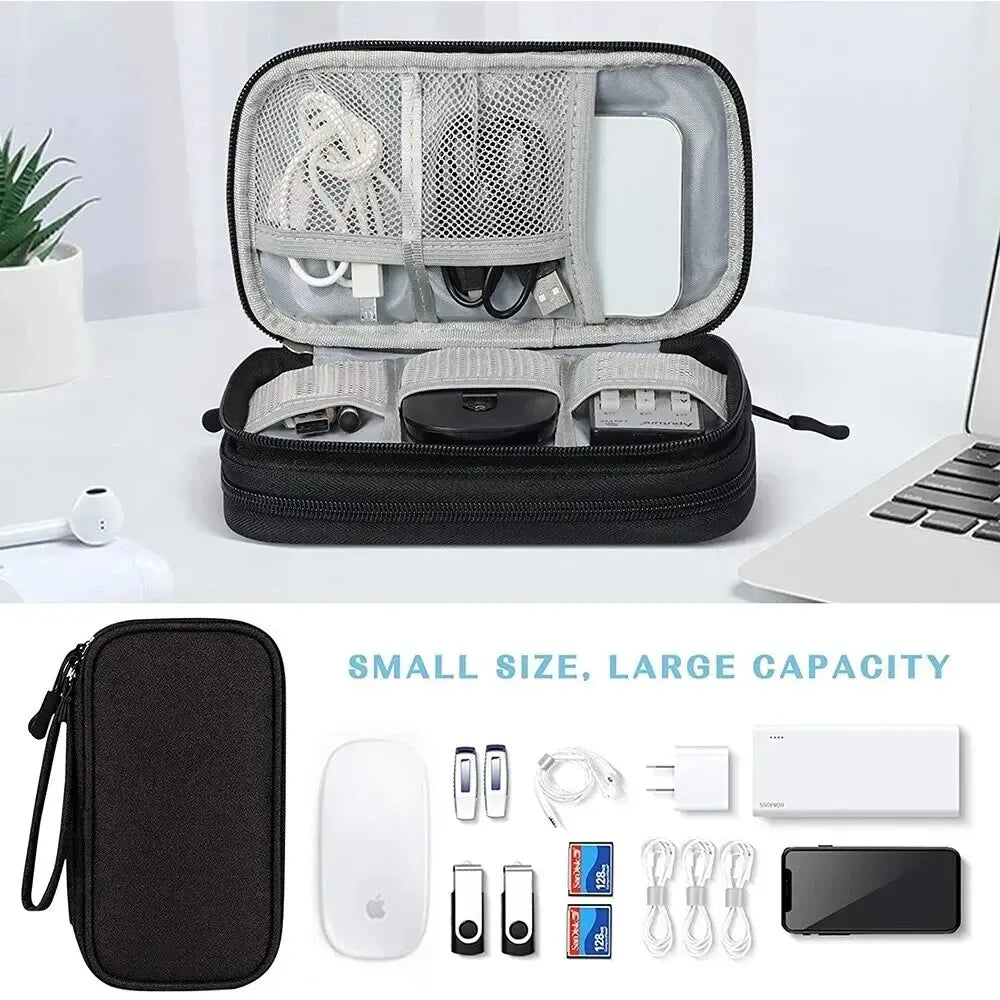 Black compact electronic organizer case for cables, mouse, and power adapters.