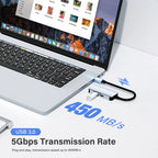 USB 3.0 adapter connected to a laptop with 5Gbps transmission rate text overlay