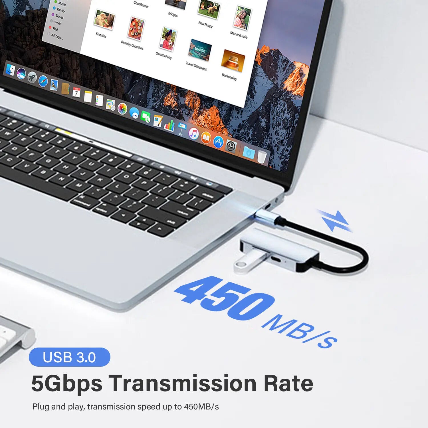 USB 3.0 adapter connected to a laptop with 5Gbps transmission rate text overlay