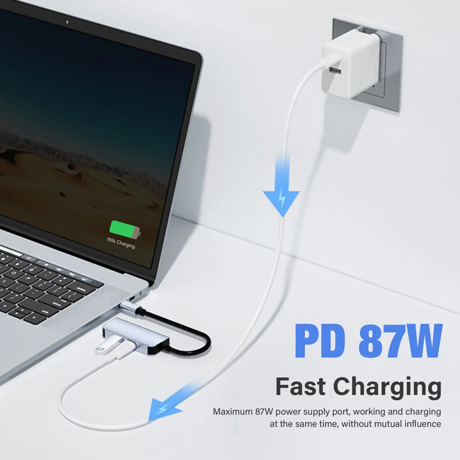 Laptop charging with a PD 87W fast charger and USB-C adapter