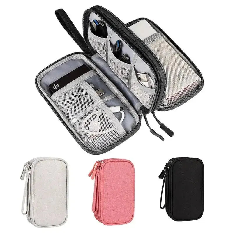 Electronic accessories organizer case in grey, pink, and black colors.