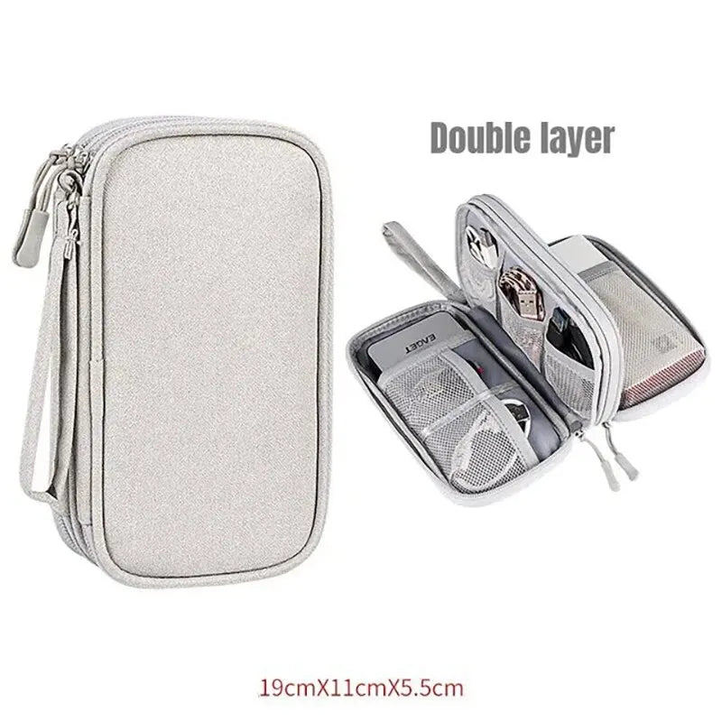 Silver double layer electronics organizer case for cables and gadgets, 19x11x5.5cm