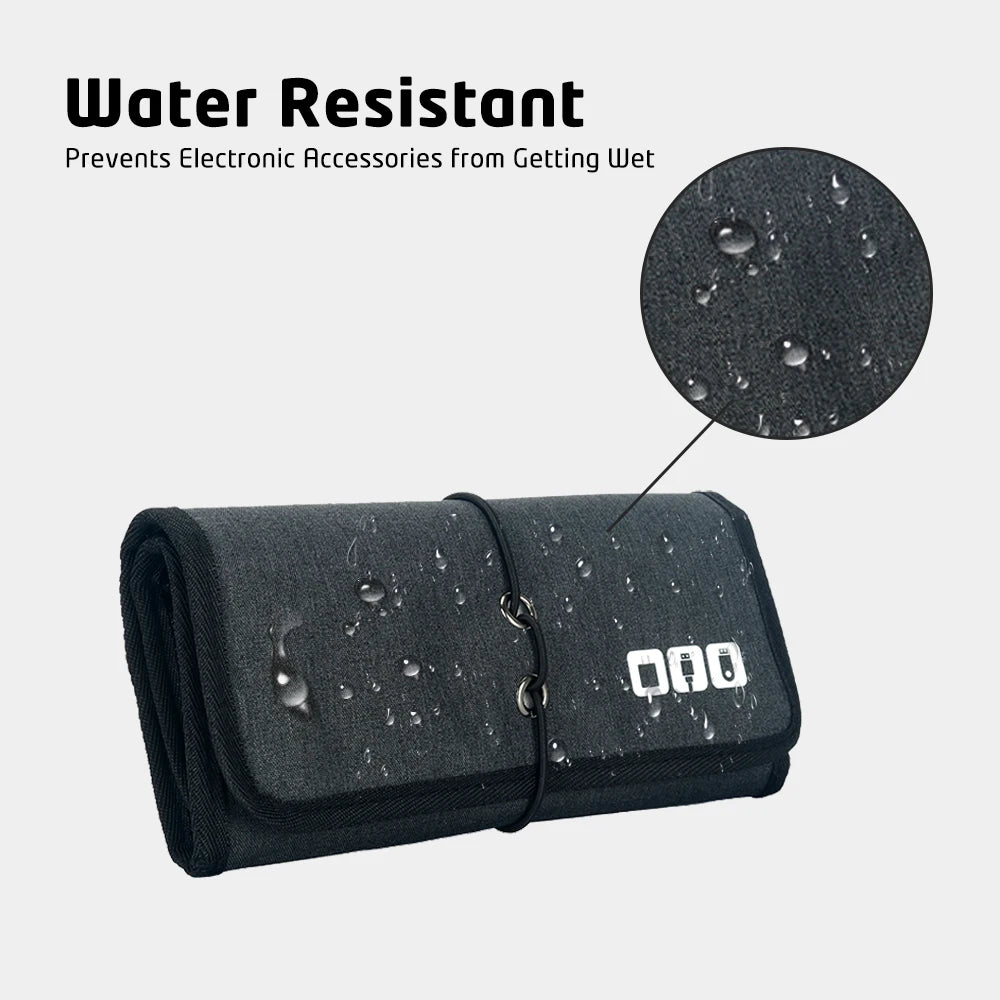Water-resistant black electronic accessories organizer with water droplets on the surface.