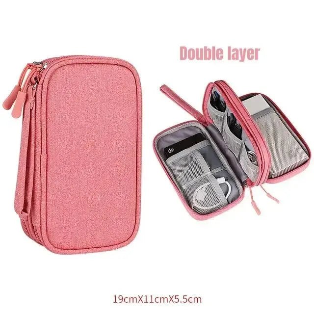 Pink double layer electronics organizer case for cables and tech accessories