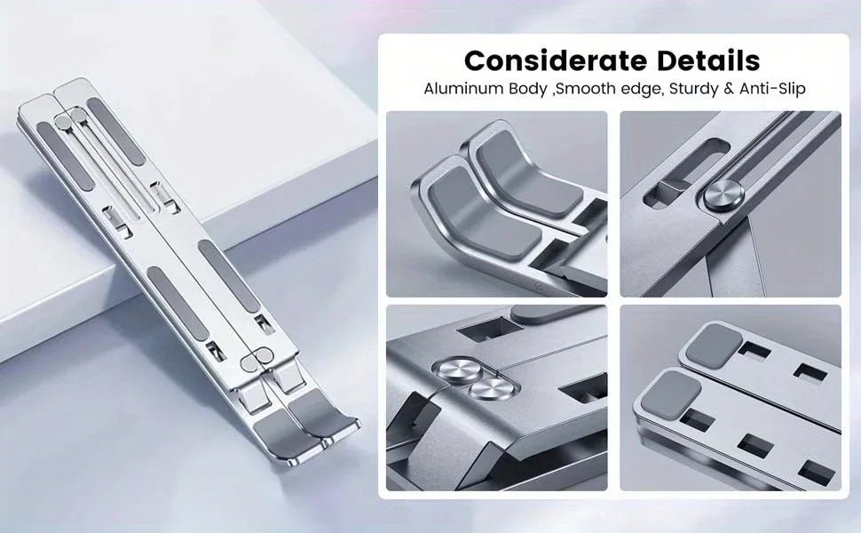 Caelix laptop stand, detail view — six locking height positions