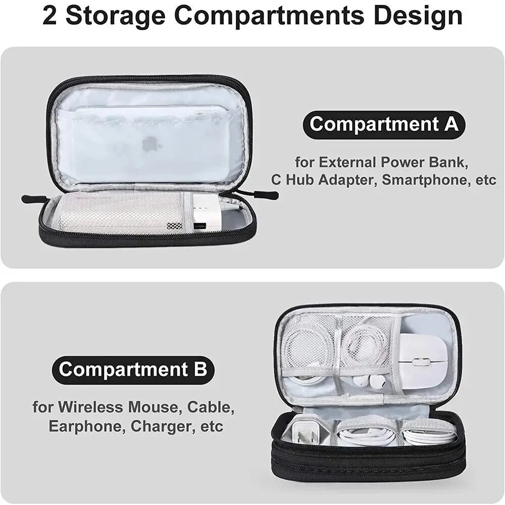Electronic organizer case with two compartments for power banks, mice, and cables.