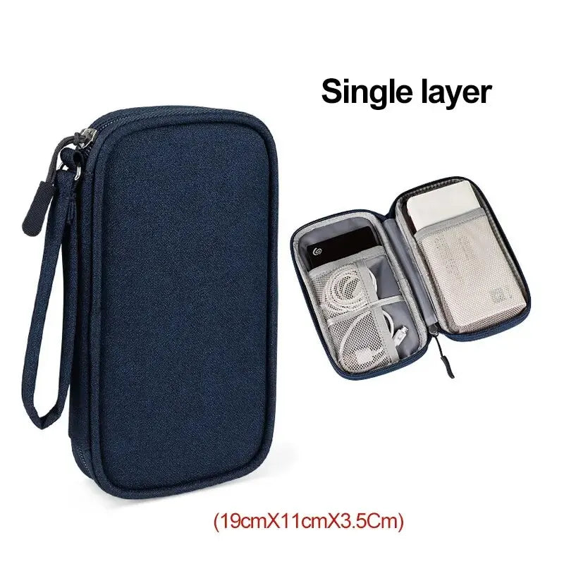 Navy blue single layer electronic organizer case with cable and power bank