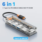 Transparent 6-in-1 Type-C hub with USB 3.0, PD, SD, TF, and HDMI ports.