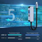 USB 3.0 hub with 5Gbps transmission speed and power supply current comparison chart.