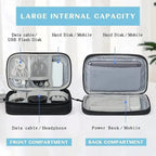 Open electronic organizer case showing storage for cables, hard disks, and power banks.