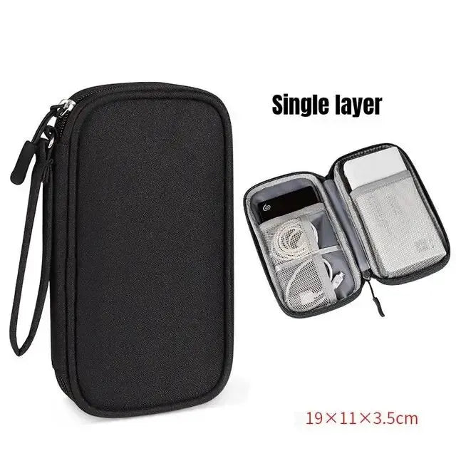 Black single layer electronic accessory organizer case for cables and power banks