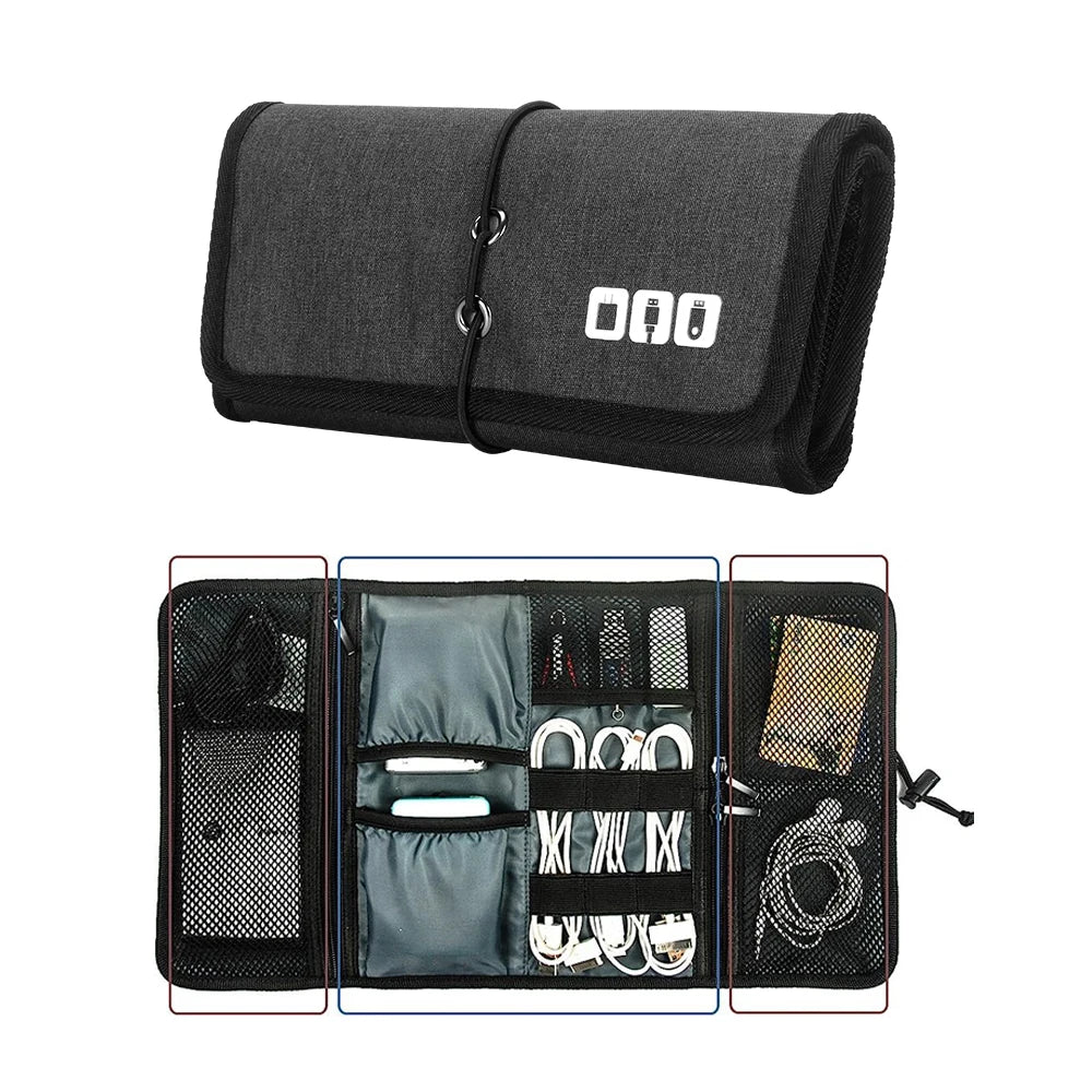 Grey electronic cable organizer bag shown closed and open with gadgets inside.