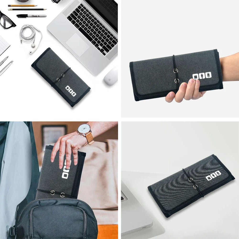 Collage of a grey fabric cable organizer pouch for remote work technology essentials.