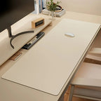 Beige large desk mat on a white workspace with a keyboard, mouse, and monitor.