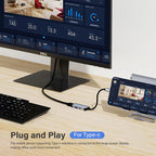 USB-C adapter connecting a smartphone to a Dell monitor for screen mirroring on a wooden desk