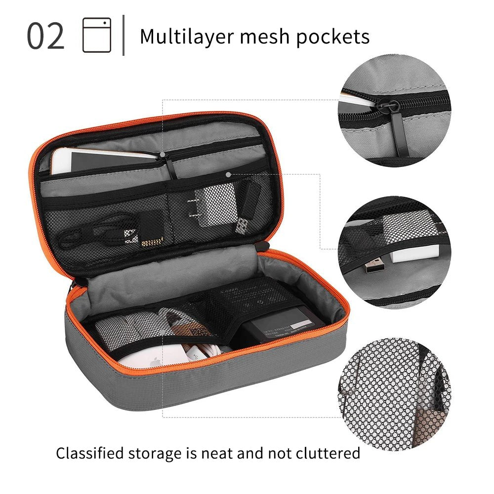 Caelix travel pouch, alternate angle — opened flat on dual zips