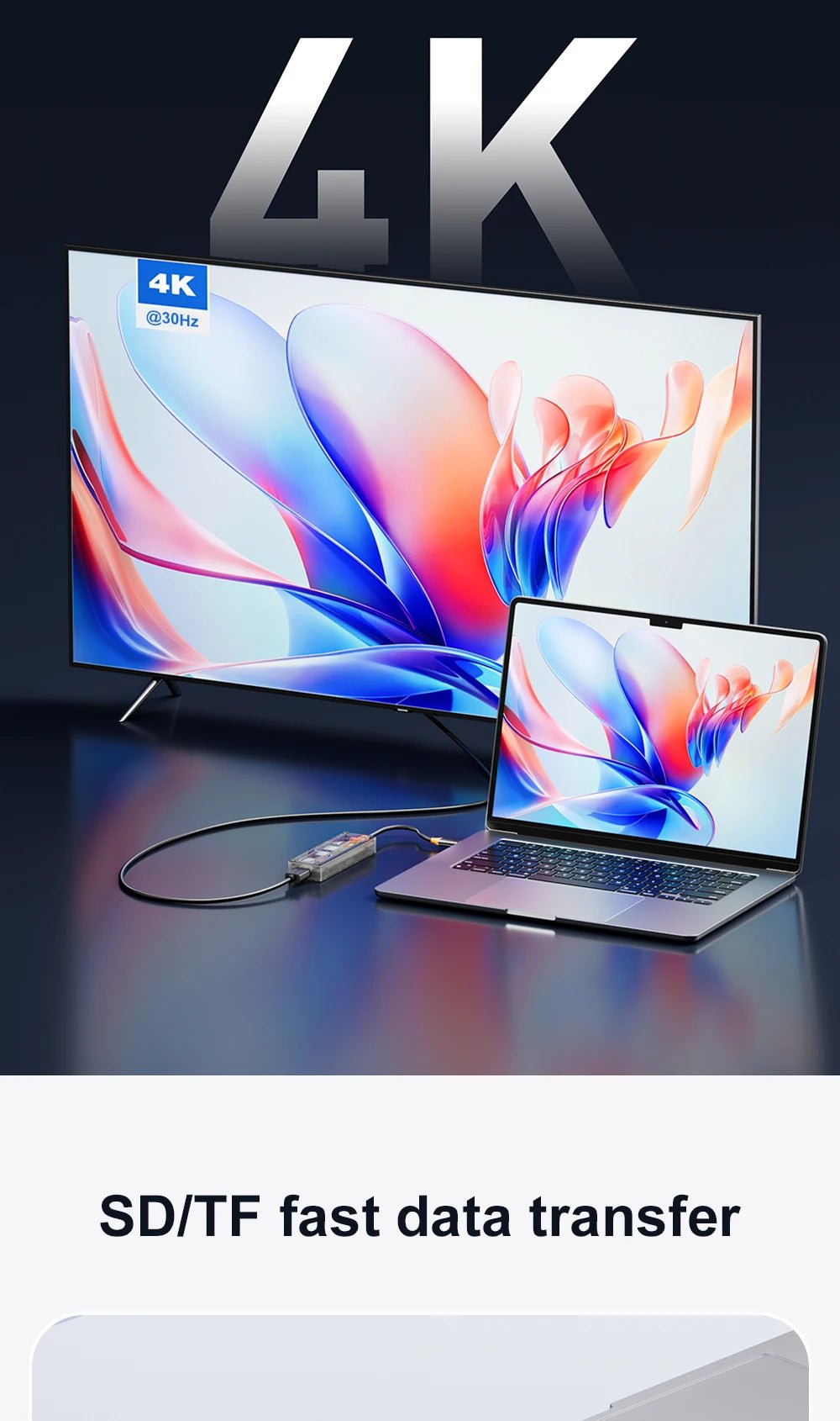 Laptop connected to a 4K monitor via a USB-C hub adapter for high-resolution display.