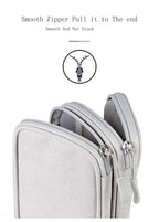 Close-up of smooth zippers on a silver grey tech organizer case.