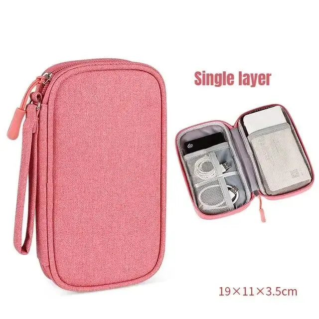 Pink single layer electronic accessory organizer case for cables and power banks