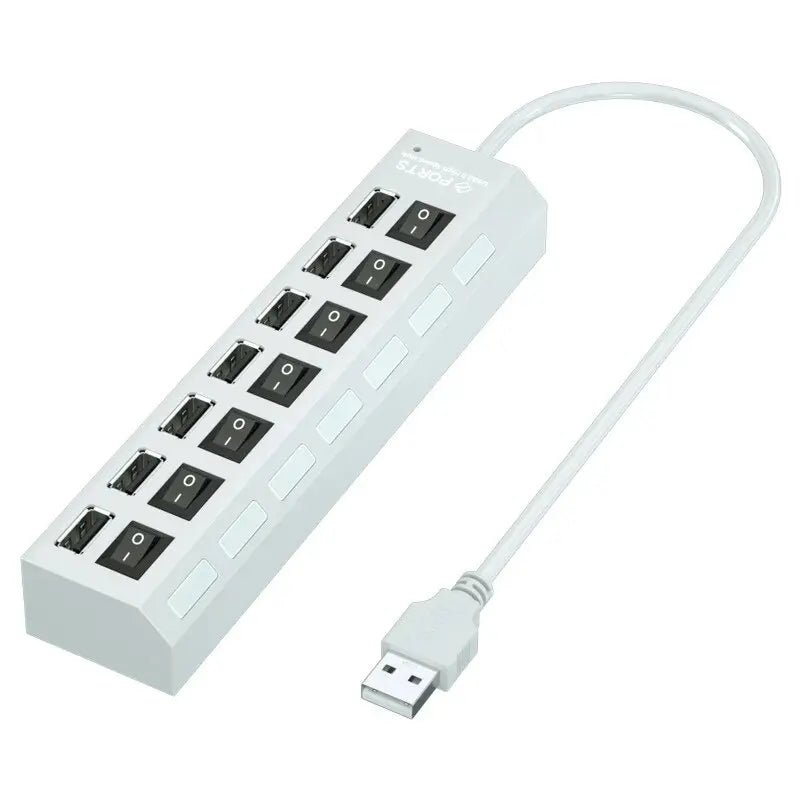 White 7-port USB hub with attached cable on a plain white background