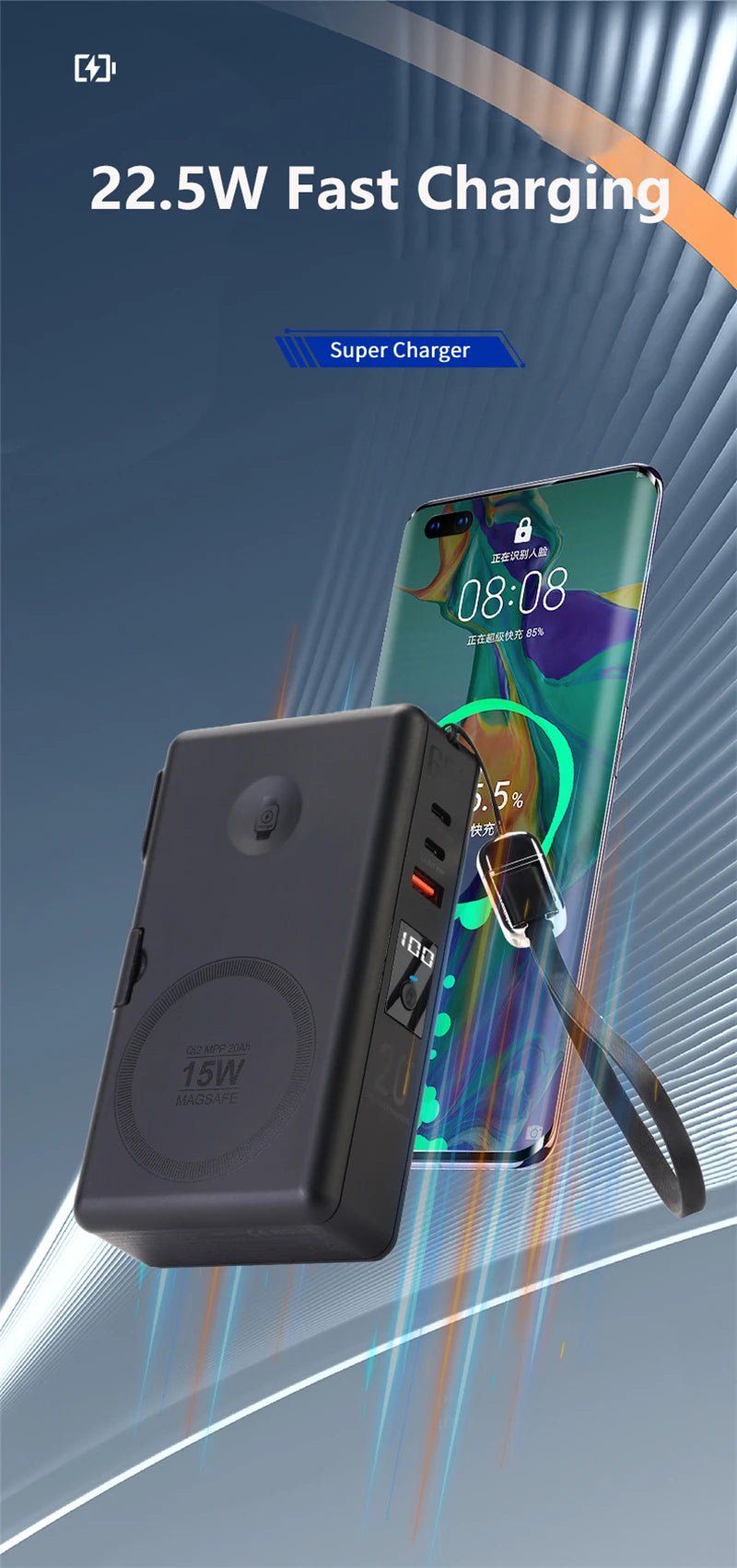 Caelix power bank, detail view — 65W GaN fast charger built in