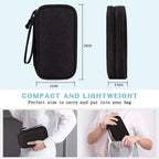Compact black electronic accessory organizer case with dimensions and usage examples.