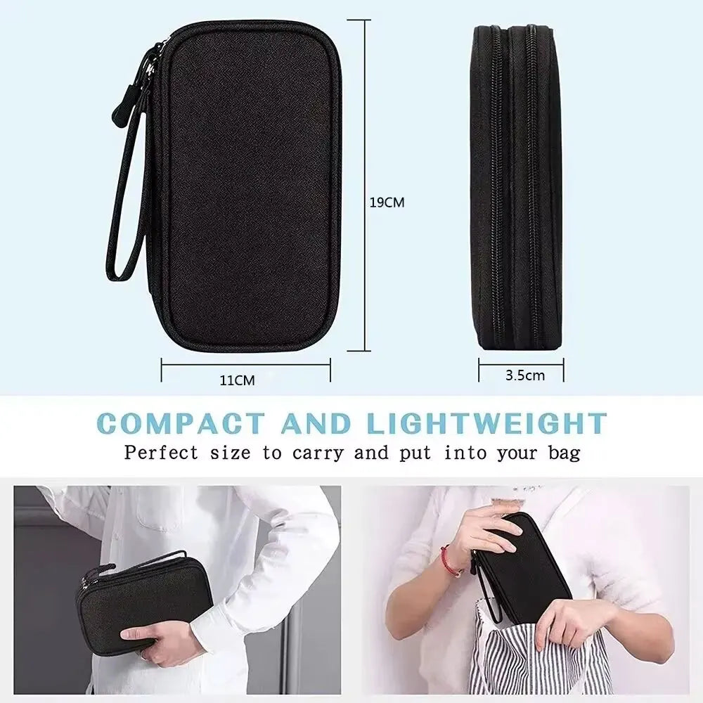 Compact black electronic accessory organizer case with dimensions and usage examples.