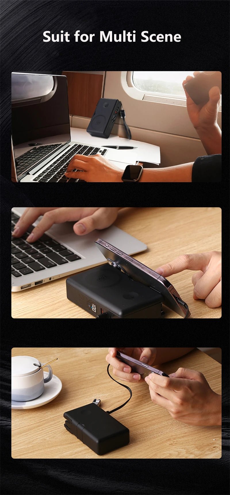 Caelix power bank, detail view — two USB-C ports and one USB-A port