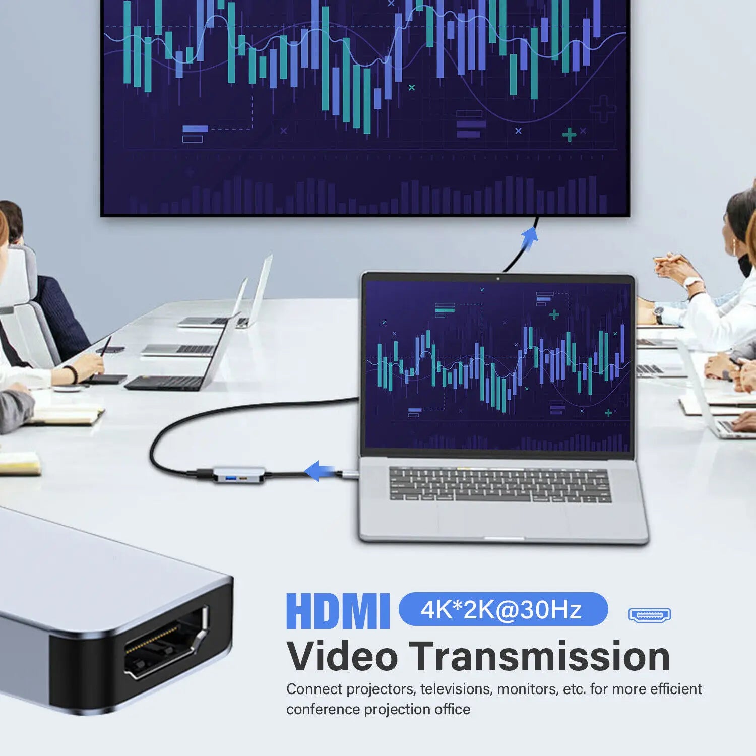 Laptop connected to a large screen via 4K HDMI video transmission cable in a conference room
