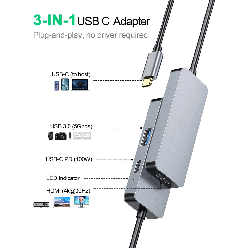 3-in-1 USB-C adapter with USB 3.0, USB-C PD 100W, and HDMI 4K ports for remote work.