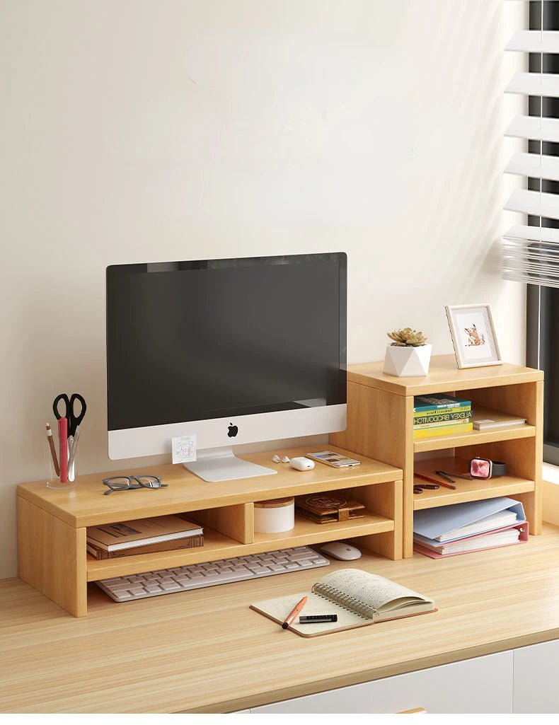 Wooden desk organizer with monitor stand and tiered shelving for home office productivity