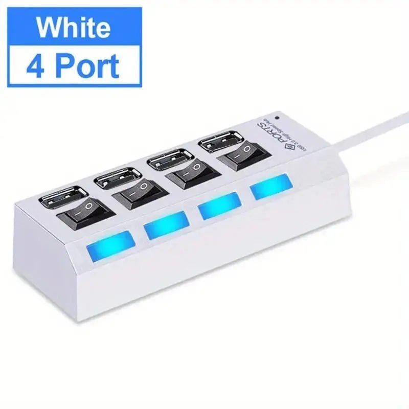 White USB 3.0 4-port hub with individual power switches and blue LED indicators