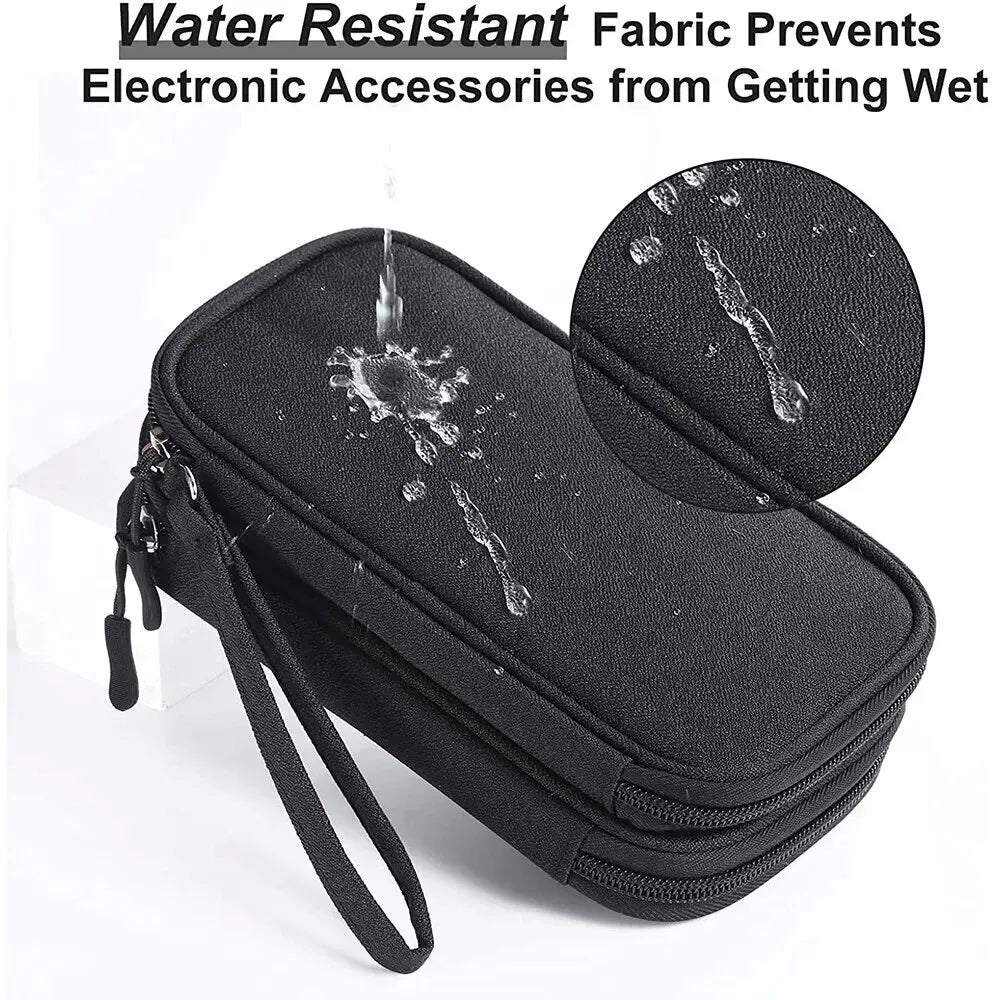 Black water-resistant electronic accessories organizer case with water droplets on surface