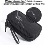 Black water-resistant electronic accessories organizer case with water droplets on surface