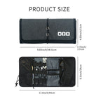 Dimensions of a grey electronic cable organizer bag shown closed and open with accessories.