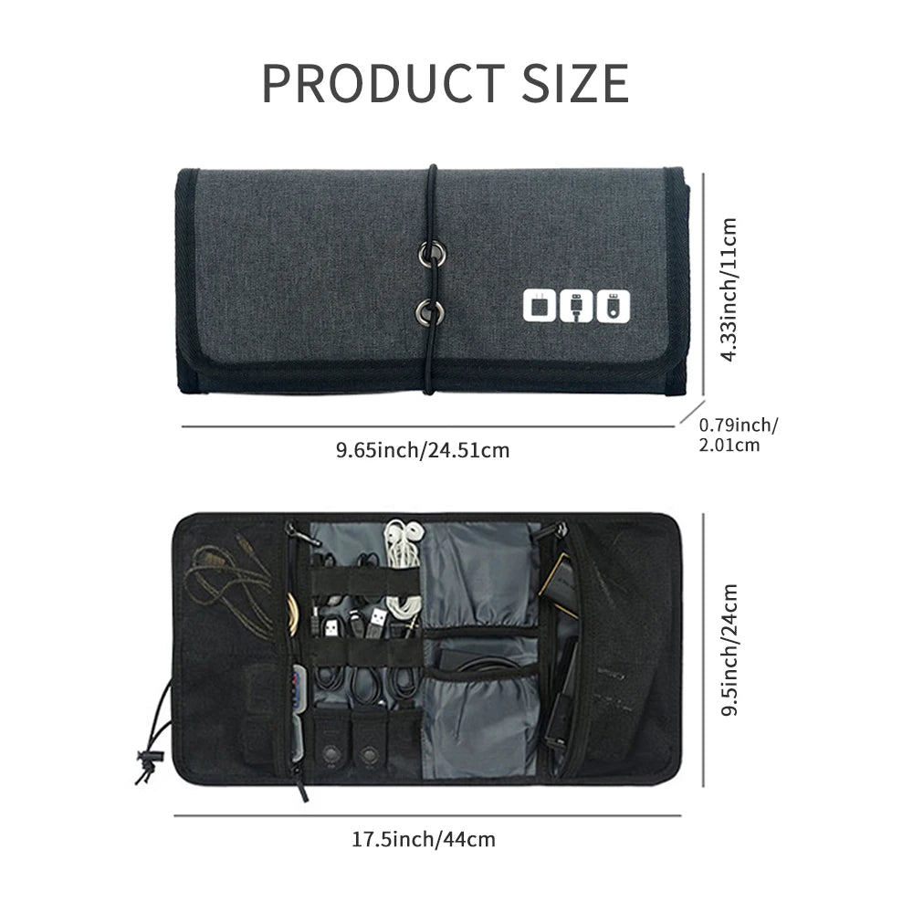 Dimensions of a grey electronic cable organizer bag shown closed and open with accessories.