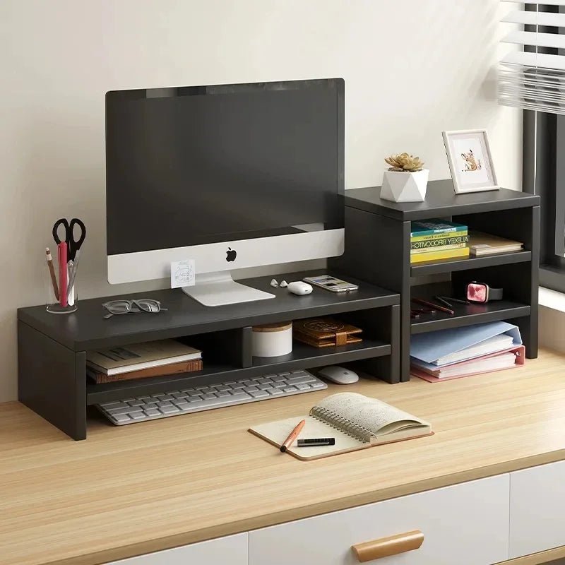 Black wooden desk organizer and monitor stand for a remote work setup