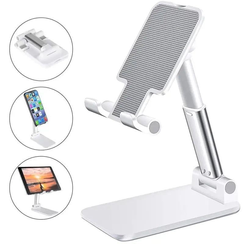 Caelix desk stand, detail view — holding a phone with a case on