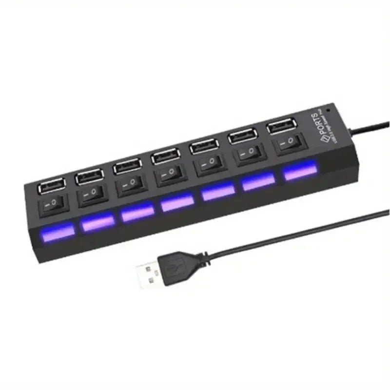 Black USB 3.0 hub with 7 ports, individual power switches, and blue LED lighting