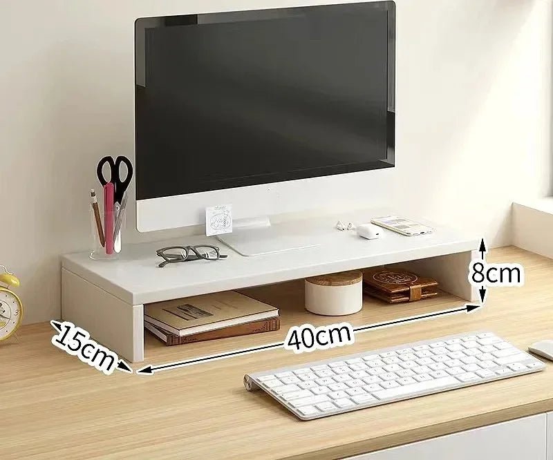 White computer monitor riser with storage space for keyboard and office accessories