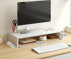 White computer monitor riser with storage space for keyboard and office accessories