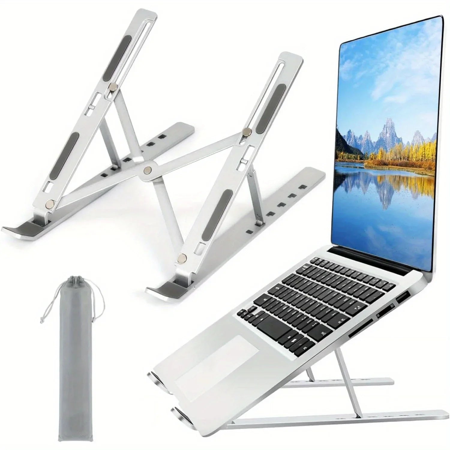 Adjustable Aluminium Laptop Stand, Six Heights — folds flat, fits 8–16 inch laptops